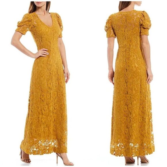 Shabby Chic Sz XS Mustard Yellow Gold Chenille Velvet Lace Maxi Dress NWT NEW - Picture 12 of 16